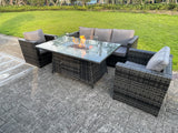 Fimous PE Wicker 5 Seater Rattan Garden Furniture Gas Fire Pit Table Gas Heater Sets Lounge Sofa Set With Chair Clear Tempered Glass