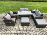 Fimous Outdoor Rattan Garden Furniture 8 piece Grey Patio Furniture Set 8 Seater Lounge Sofa Set with Rectangular Table Reclining Chairs 2 Big Stools Side Table