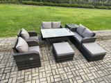 Fimous Outdoor Rattan Garden Furniture 8 piece Grey Patio Furniture Set 8 Seater Lounge Sofa Set with Rectangular Table Reclining Chairs 2 Big Stools Side Table
