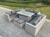 Fimous Light Grey U Shape Lounge Sofa Dining Set With Gas Heater Firepit Burner Dining Table Side Coffee Tea Table Big Stools