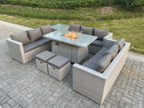 Fimous Light Grey U Shape Lounge Sofa Dining Set With Gas Heater Firepit Burner Dining Table Side Coffee Tea Table Big Stools
