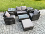 Fimous Wicker PE Rattan Outdoor Furniture Set Garden Love Sofa Coffee Table 2 Armchair 2 Side Tables Big Footstool Dark Grey Mixed