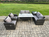 Fimous Rattan Outdoor Furniture Garden Dining Set Rectangular Table and Chair Sofa Set With Side Table Dark Grey Mixed