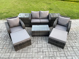Fimous 6 Seater Outdoor Lounge Sofa Set Rattan Garden Furniture Set with Rectangular Coffee Table 2 Big Footstool 2 Side Tables Dark Grey Mixed