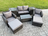 Fimous 6 Seater Outdoor Lounge Sofa Set Rattan Garden Furniture Set with Rectangular Coffee Table 2 Big Footstool 2 Side Tables Dark Grey Mixed