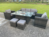Fimous 7 Seater PE Wicker Rattan Garden Furniture Gas Fire Pit Table Gas Heater Sets Lounge Sofa Set With Chair Stools Clear Tempered Glass