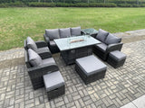 Fimous 10 Seater PE Wicker Outdoor Rattan Garden Furniture Set Propane Gas Fire Pit Table and Sofa Chair set with 3 Footstools Side Table