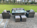 Fimous 7 Seater PE Wicker Rattan Garden Furniture Gas Fire Pit Table Gas Heater Sets Lounge Sofa Set With Chair Stools Clear Tempered Glass