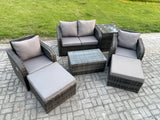 Fimous Outdoor Lounge Sofa Set Rattan Garden Furniture Set with Rectangular Coffee Table 2 Big Footstool Side Table Dark Grey Mixed