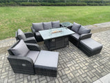 Fimous 9 Seater PE Wicker Outdoor Rattan Garden Furniture Set Propane Gas Fire Pit Table and Sofa Chair set with Side Table 2 Big Footstool