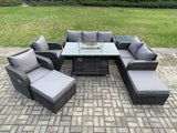 Fimous 9 Seater PE Wicker Outdoor Rattan Garden Furniture Set Propane Gas Fire Pit Table and Sofa Chair set with Side Table 2 Big Footstool