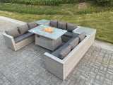 Fimous Light Grey U Shape Lounge Sofa Dining Set With Gas Heater Firepit Burner With 2 PC Side Coffee Tea Table