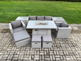 Fimous Outdoor Garden Dining Sets Rattan Furniture Gas Fire Pit Dining Table With 2 Armchairs 2 Side Tables 3 Footstools Light Grey