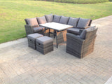 Fimous High Back Dark Mixed Grey Rattan Corner Sofa Set Outdoor Furniture Rectangular Dining Table 2 Small Footstools Chair 9 Seater