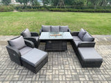 Fimous Garden Patio Furniture Wicker Rattan Gas Fire Pit Table and Sofa Chair set with 2 Big Footstool