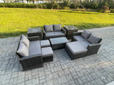 Fimous 9pc Rattan Sofa Garden Furniture Outdoor Patio Set with 2 Side Tables 3 Footstools Love Seat Sofa Dark Grey Mixed
