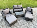 Fimous 6 Seater Garden Furniture Set Rattan Outdoor Lounge Sofa Chair With Tempered Glass Table 2 Big Footstool Dark Grey Mixed