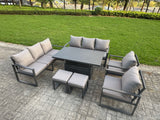 Fimous 7 Piece Garden Furniture Set 10-Seater Aluminium Outdoor Dining Set with Adjustable Rising Lifting Dining Table & Cushions Dark Grey