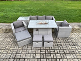 Fimous Outdoor Garden Dining Sets Rattan Furniture Gas Fire Pit Dining Table With 2 Armchairs Side Table 3 Footstools Light Grey
