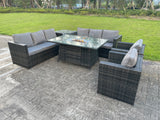 Fimous 8 Seater Outdoor Rattan Garden Furniture Gas Fire Pit Table Sets Gas Heater Lounge Chairs Side Coffee Tea Table Dark Grey