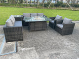 Fimous 8 Seater Outdoor Rattan Garden Furniture Gas Fire Pit Table Sets Gas Heater Lounge Chairs Side Coffee Tea Table Dark Grey
