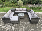 Fimous Outdoor Rattan Garden Furniture Set 10 Seater Patio Lounge Sofa Set with Side Table Square Coffee Table Big Footstool Dark Grey Mixed
