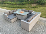 Fimous Light Grey U Shape Lounge Sofa Dining Set With Gas Heater Fire pit Burner With 2 PC Side Coffee Tea Table Footstool