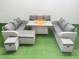 Fimous PE Rattan Lounge Sofa Set 12 Seater Outdoor Garden Furniture Set with Firepit Dining Table 3 Seater Sofa 3 Stools Light Grey