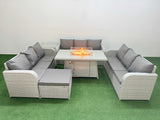 Fimous PE Rattan Lounge Sofa Set 10 Seater Outdoor Garden Furniture Set with Firepit Dining Table 3 Seater Sofa Big Footstool Side Table Light Grey
