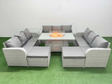 Fimous PE Rattan Lounge Sofa Set 11 Seater Outdoor Garden Furniture Set with Firepit Dining Table 3 Seater Sofa 2 Big Footstools Side Table Light Grey