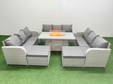 Fimous PE Rattan Lounge Sofa Set 11 Seater Outdoor Garden Furniture Set with Firepit Dining Table 3 Seater Sofa 2 Big Footstools Light Grey