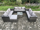 Fimous Outdoor Rattan Garden Furniture Set 10 Seater Patio Lounge Sofa Set with Square Coffee Table Big Footstool Dark Grey Mixed