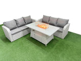 Fimous Outdoor Garden Furniture Sets 6 Seater Wicker Rattan Furniture Sofa Sets with Firepit Dining Table high Back Lounge Sofa Light Grey
