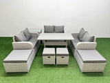 Fimous PE Rattan Lounge Sofa Set 10 Seater Outdoor Garden Furniture Set with Dining Table Love Sofa 2 Big Footstools 2 Small Stool Side Table Light Grey