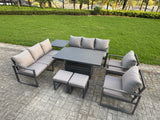Fimous 8 Piece Garden Furniture Set 10-Seater Aluminium Outdoor Dining Set with Adjustable Rising Lifting Dining Table & Cushions Side Table Dark Grey