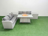 Fimous Outdoor Garden Furniture Sets 6 Seater Wicker Rattan Furniture Sofa Sets with Firepit Dining Table high Back Lounge Sofa 2 Side Table Light Grey