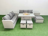 Fimous Outdoor Garden Furniture Sets 9 Seater Wicker Rattan Furniture Sofa Sets with Firepit Dining Table high Back Lounge Sofa 3 Stools 2 Side Table Light Grey