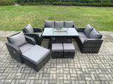 Fimous 10 Seater PE Wicker Outdoor Rattan Garden Furniture Set Propane Gas Fire Pit Table and Sofa Chair set with 3 Footstools