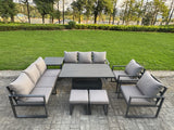 Fimous 8 Piece Garden Furniture Set 10-Seater Aluminium Outdoor Dining Set with Adjustable Rising Lifting Dining Table & Cushions Side Table Dark Grey
