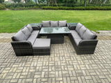Fimous Patio Garden Dining Set Outdoor Rattan Furniture Lounge Sofa Height Adjustable Rising lifting Table With 2 Side Tables Big Footstool Dark Grey Mixed