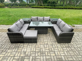 Fimous Patio Garden Dining Set Outdoor Rattan Furniture Lounge Sofa Height Adjustable Rising lifting Table With 2 Side Tables Big Footstool Dark Grey Mixed