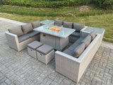 Fimous Light Grey U Shape Lounge Sofa Dining Set With Gas Fire Pit Heater Burner With 2 PC Side Coffee Tea Table Stools
