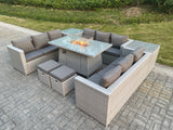 Fimous Light Grey U Shape Lounge Sofa Dining Set With Gas Fire Pit Heater Burner With 2 PC Side Coffee Tea Table Stools