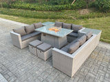 Fimous Light Grey U Shape Lounge Sofa Dining Set With Gas Fire Pit Heater Burner With 2 PC Side Coffee Tea Table Stools