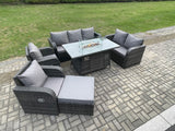 Fimous PE Wicker Outdoor Rattan Garden Furniture Set Propane Gas Fire Pit Table and Sofa Chair set with Big Footstool