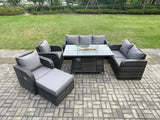 Fimous PE Wicker Outdoor Rattan Garden Furniture Set Propane Gas Fire Pit Table and Sofa Chair set with Big Footstool