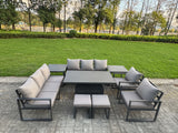 Fimous 9 Piece Garden Furniture Set 10-Seater Aluminium Outdoor Dining Set with Adjustable Rising Lifting Dining Table & Cushions 2 Side Tables Dark Grey