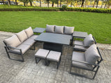 Fimous 9 Piece Garden Furniture Set 10-Seater Aluminium Outdoor Dining Set with Adjustable Rising Lifting Dining Table & Cushions 2 Side Tables Dark Grey