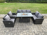 Fimous Garden Patio Furniture Wicker Rattan Gas Fire Pit Table and Sofa Chair set Dark Grey Mixed