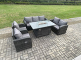 Fimous Garden Patio Furniture Wicker Rattan Gas Fire Pit Table and Sofa Chair set Dark Grey Mixed